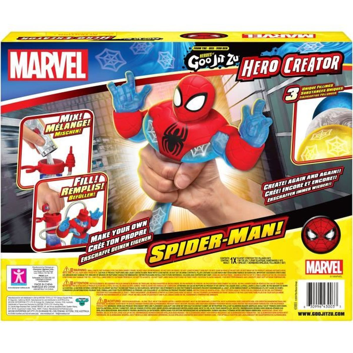 Verpackungsdesign des Spider-Man Goo Jit Zu Hero Creator Spielzeugs. Eine Hand hält das Spielzeug. Auf der Verpackung steht 'Marvel' und 'Spider-Man'.