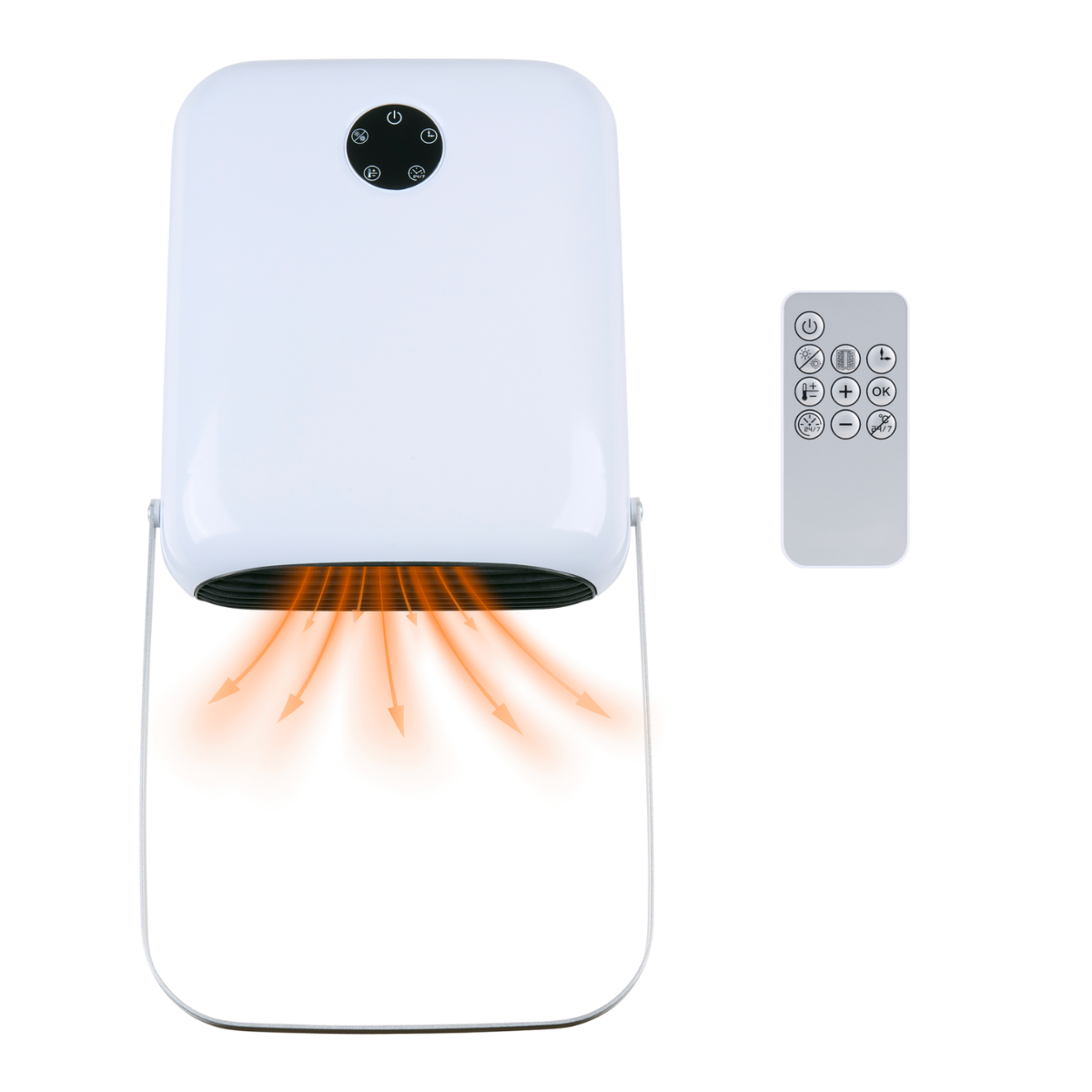 Een witte ruimteverwarming met handvat en afstandsbediening. Oranje pijlen geven de warmtestroom aan. Knoppen zitten op de kachel en afstandsbediening.