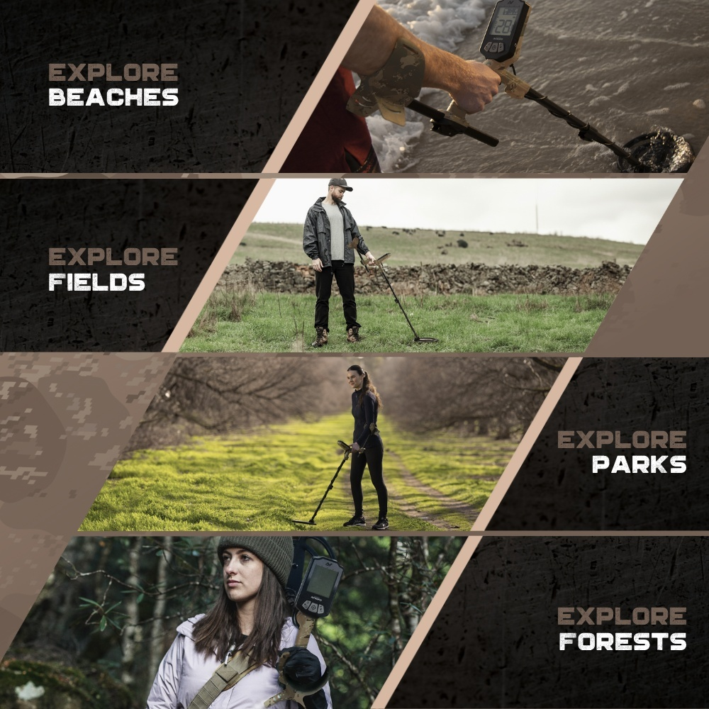 Das Bild zeigt Personen, die in verschiedenen Umgebungen mit Metalldetektoren suchen: Strand, Feld, Park und Wald. Jeder hat einen Metalldetektor.