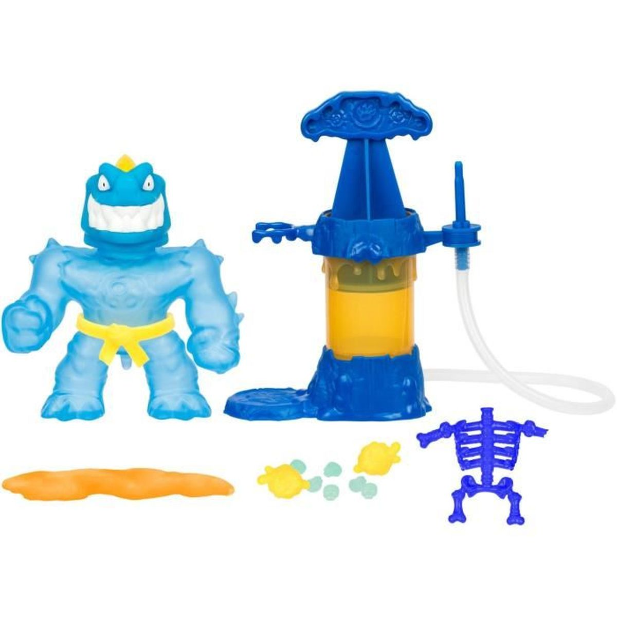 Eine blaue Spielfigur mit gelbem Gürtel, eine blaue Pumpstation und kleine Spielfiguren auf weißem Hintergrund.