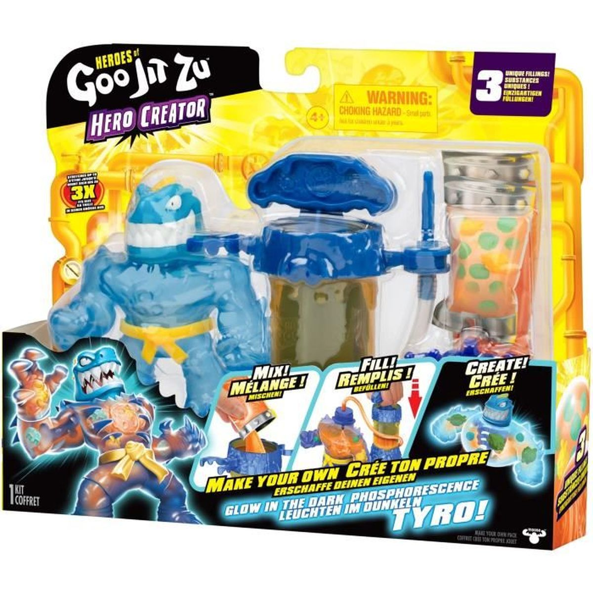 Ein Heroes of Goo Jit Zu Hero Creator Spielzeugset. Es zeigt eine blaue Monsterfigur, Mischbehälter und Anweisungen.