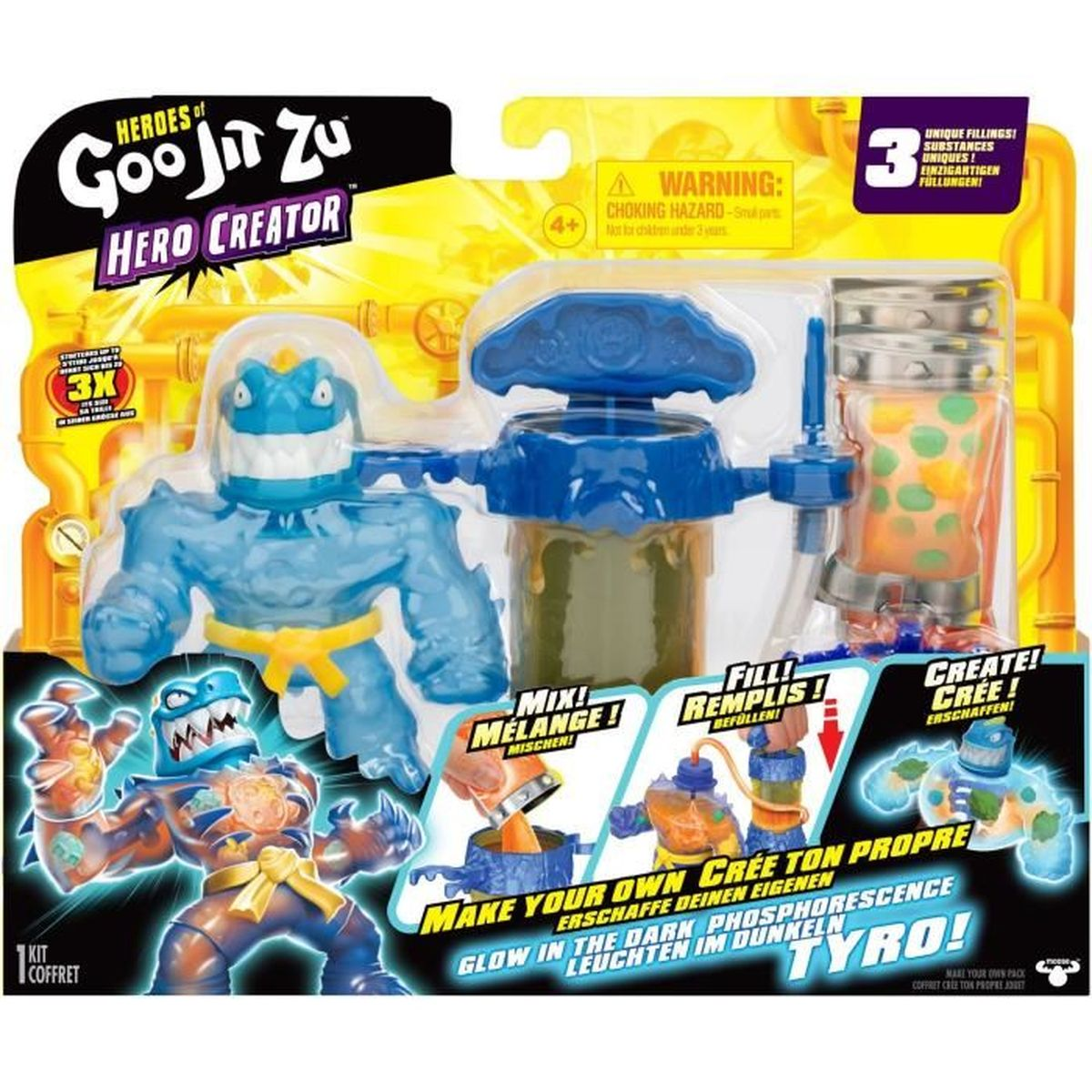 Ein Spielzeugset mit einer blauen Actionfigur, einer Mischstation und Behältern mit leuchtenden Substanzen. Die Verpackung enthält Text und Anweisungen.