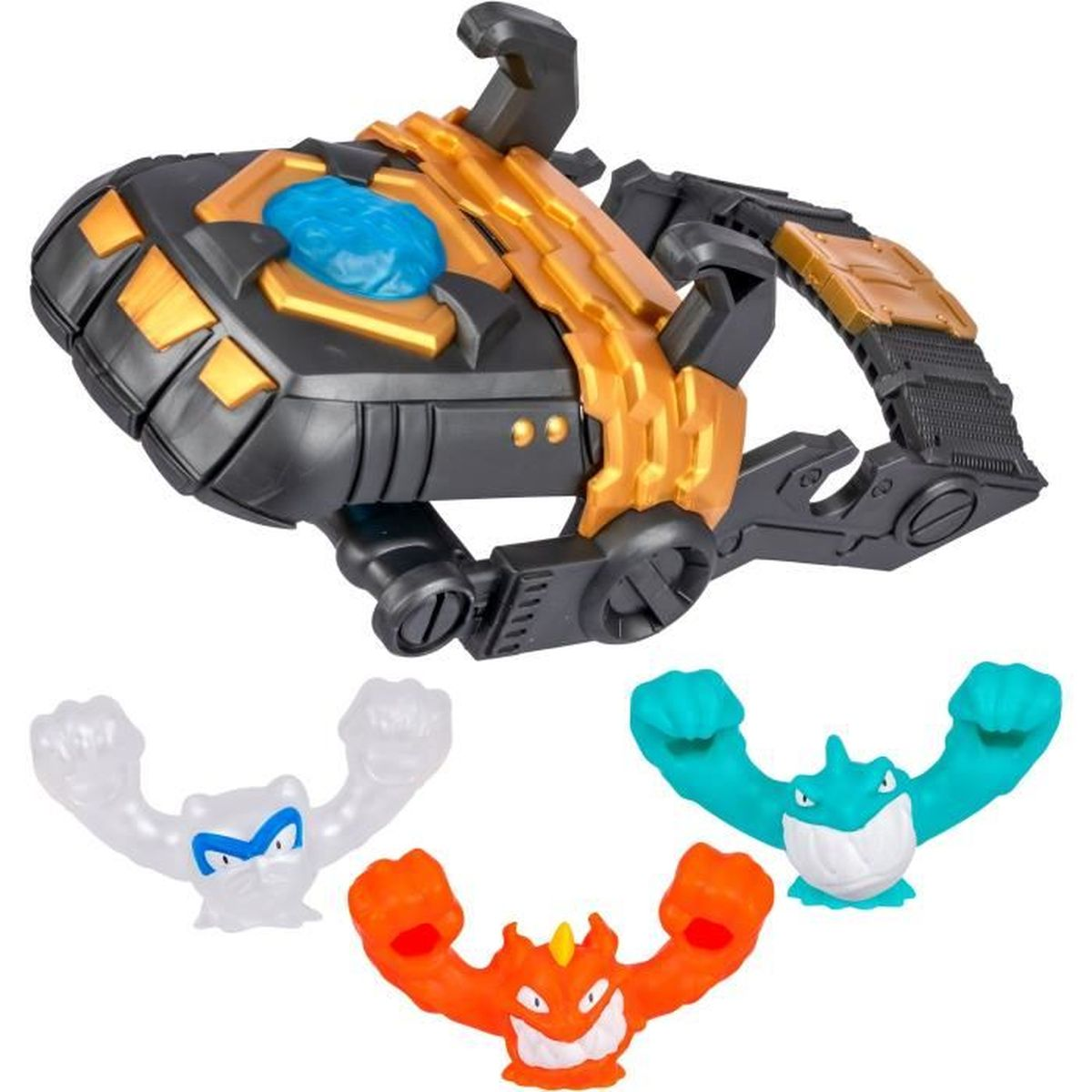 Eine Spielzeugwaffe mit armbandähnlichem Band, schwarz und goldfarben. Darunter drei bunte Monstertoys: weiß, orange und türkis, alle mit erhobenen Armen.