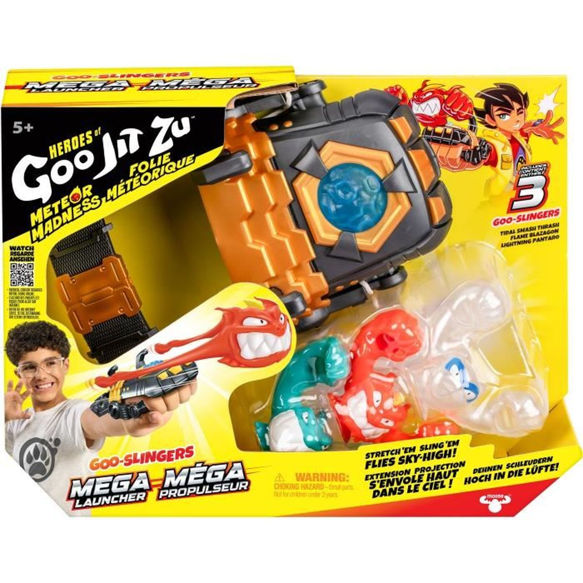 Eine Spielzeugverpackung mit einem Werfer und drei Goo-Slingers-Charakteren. Die Box ist gelb und zeigt einen Jungen und den Spielzeugnamen.