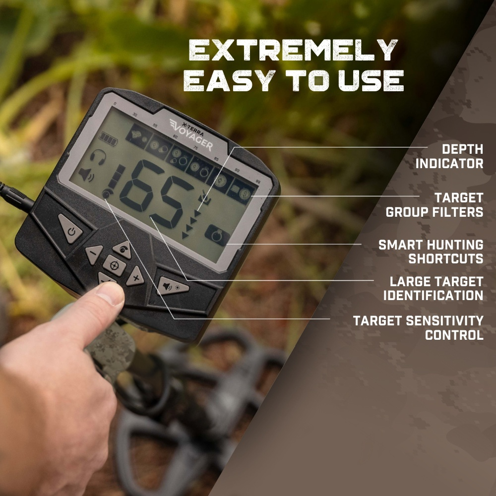 Eine Hand bedient einen Metalldetektor. Das Display zeigt eine Zahl. Text: 'EXTREMELY EASY TO USE' und Details wie Tiefenanzeige usw.