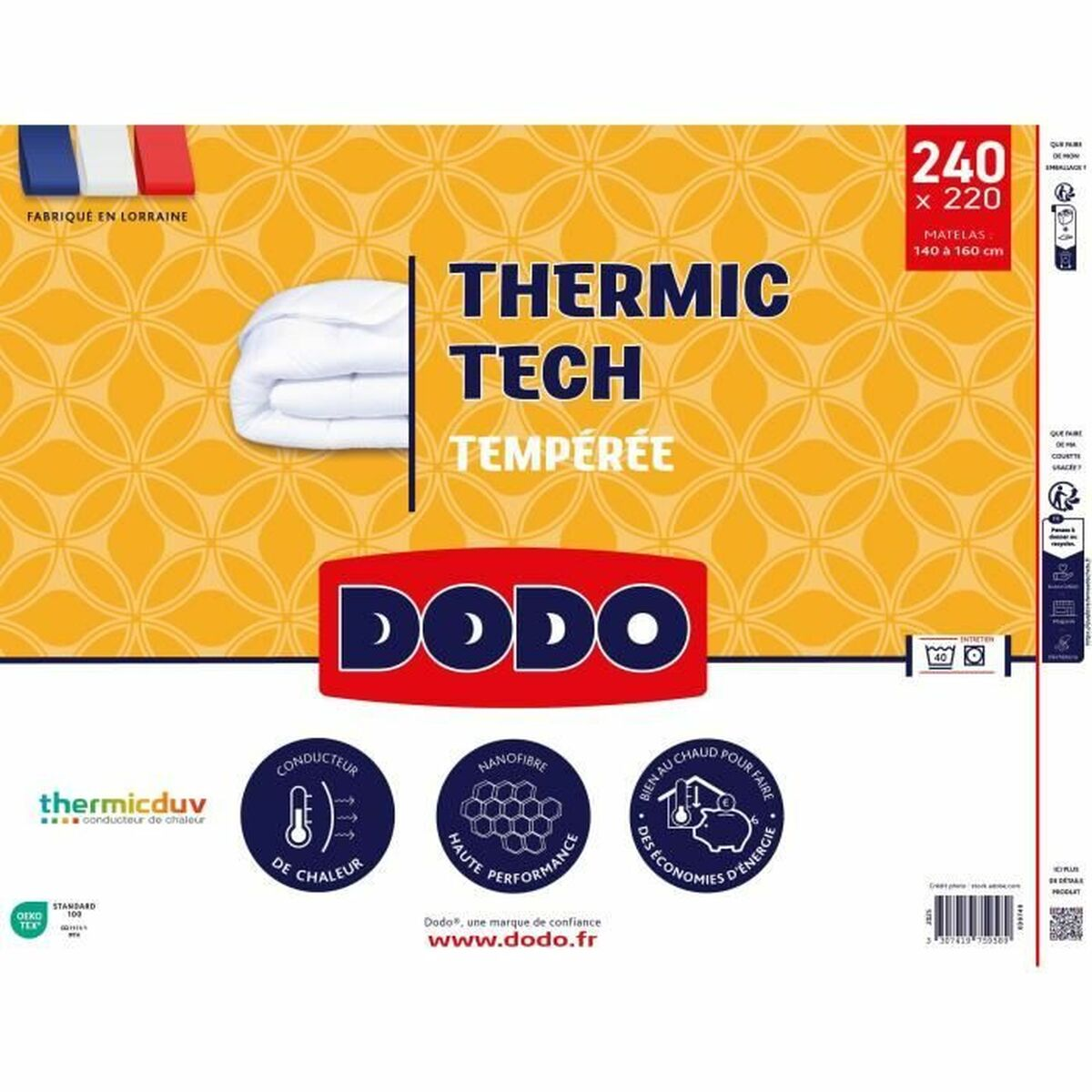 Eine gelb-weiße DODO-Produktverpackung. Sie zeigt eine Decke, Text und Icons, die Wärme, Leistung und Energieeinsparung bewerben.
