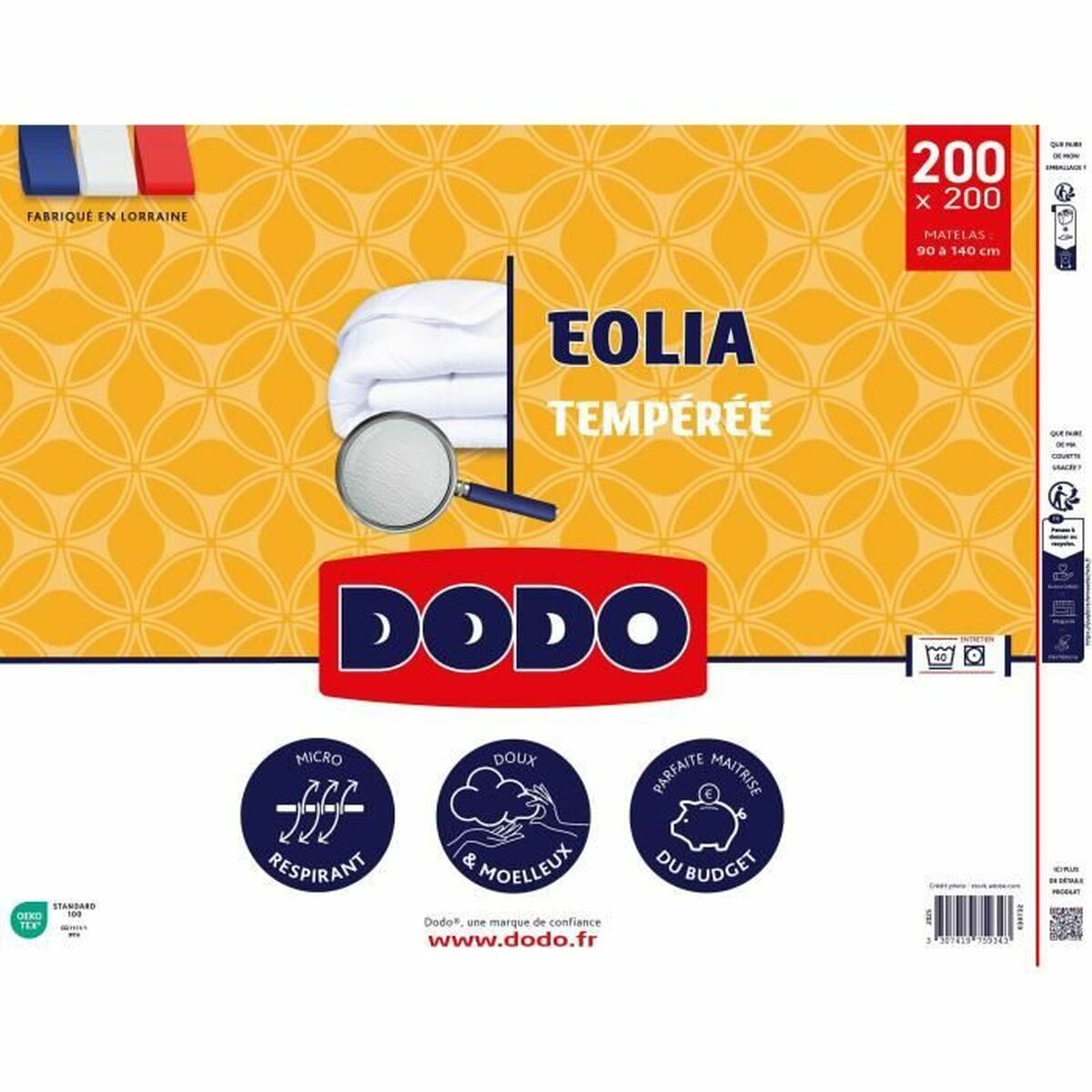 Gelb-weiße DODO-Produktverpackung. Zeigt ein Bettlaken mit Lupe, Produktdetails und Logos.
