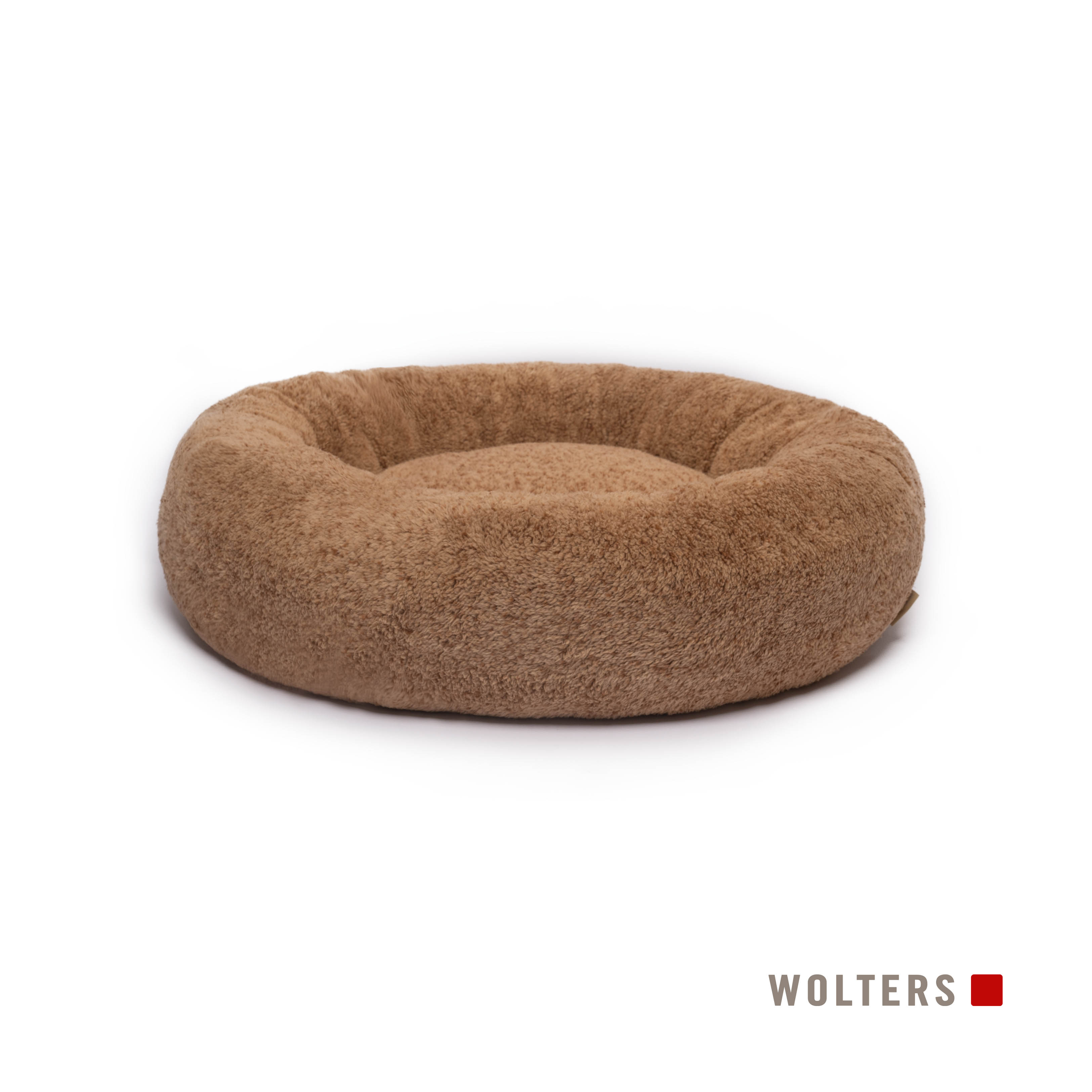 Ein runder, brauner Hundebett auf weißem Grund. Das Bett ist flauschig und hat einen erhöhten Rand.