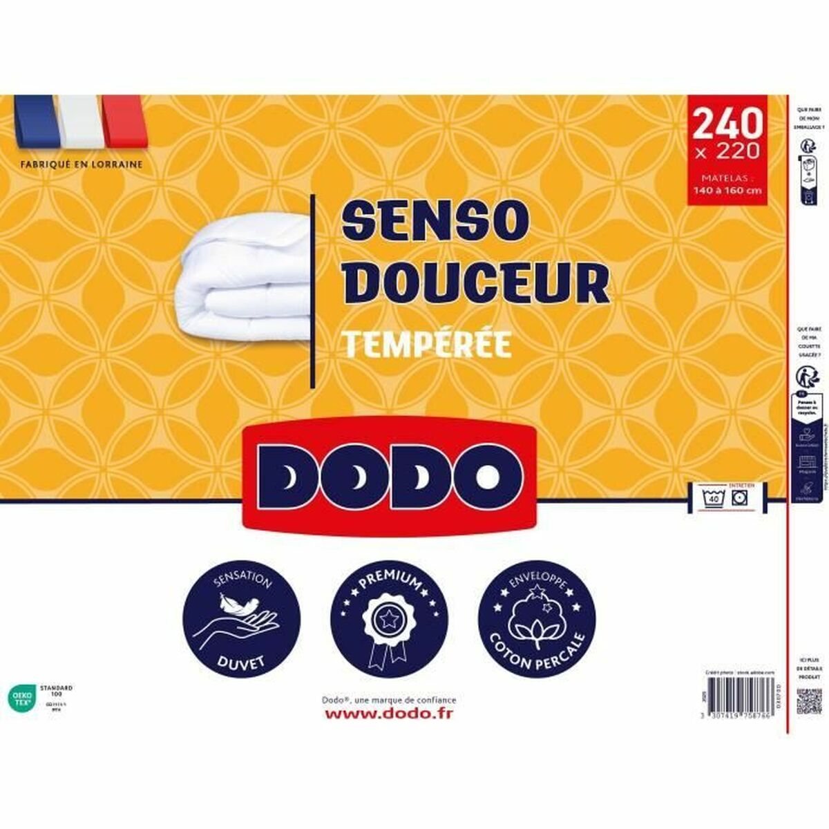 Verpackung für eine DODO-Bettdecke. Sie enthält den Markennamen und Produktdetails. Der Hintergrund ist gelb mit einem Muster.