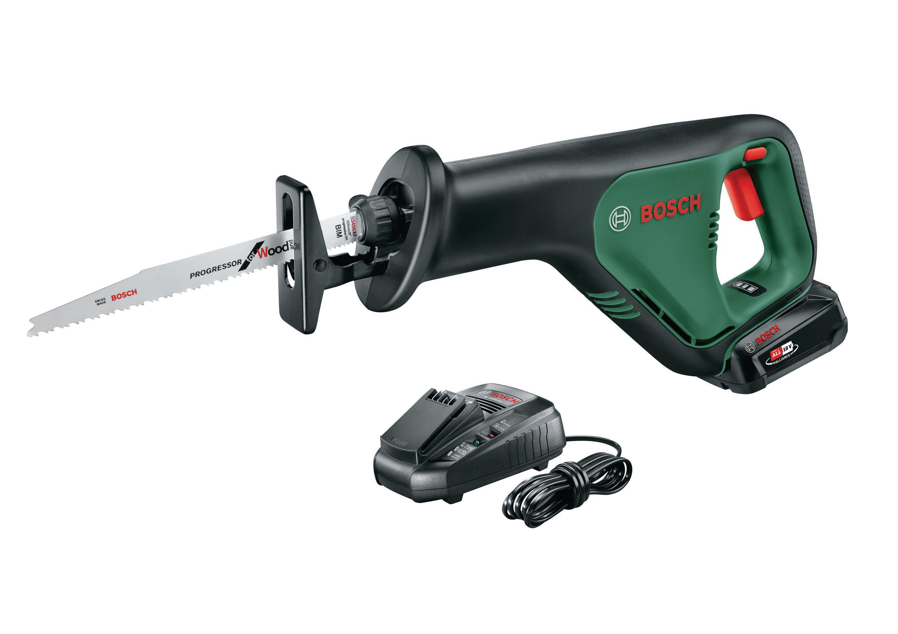 Un seghetto alternativo Bosch nero e verde, una lama e un caricabatterie su sfondo bianco. Il seghetto ha un grilletto rosso.