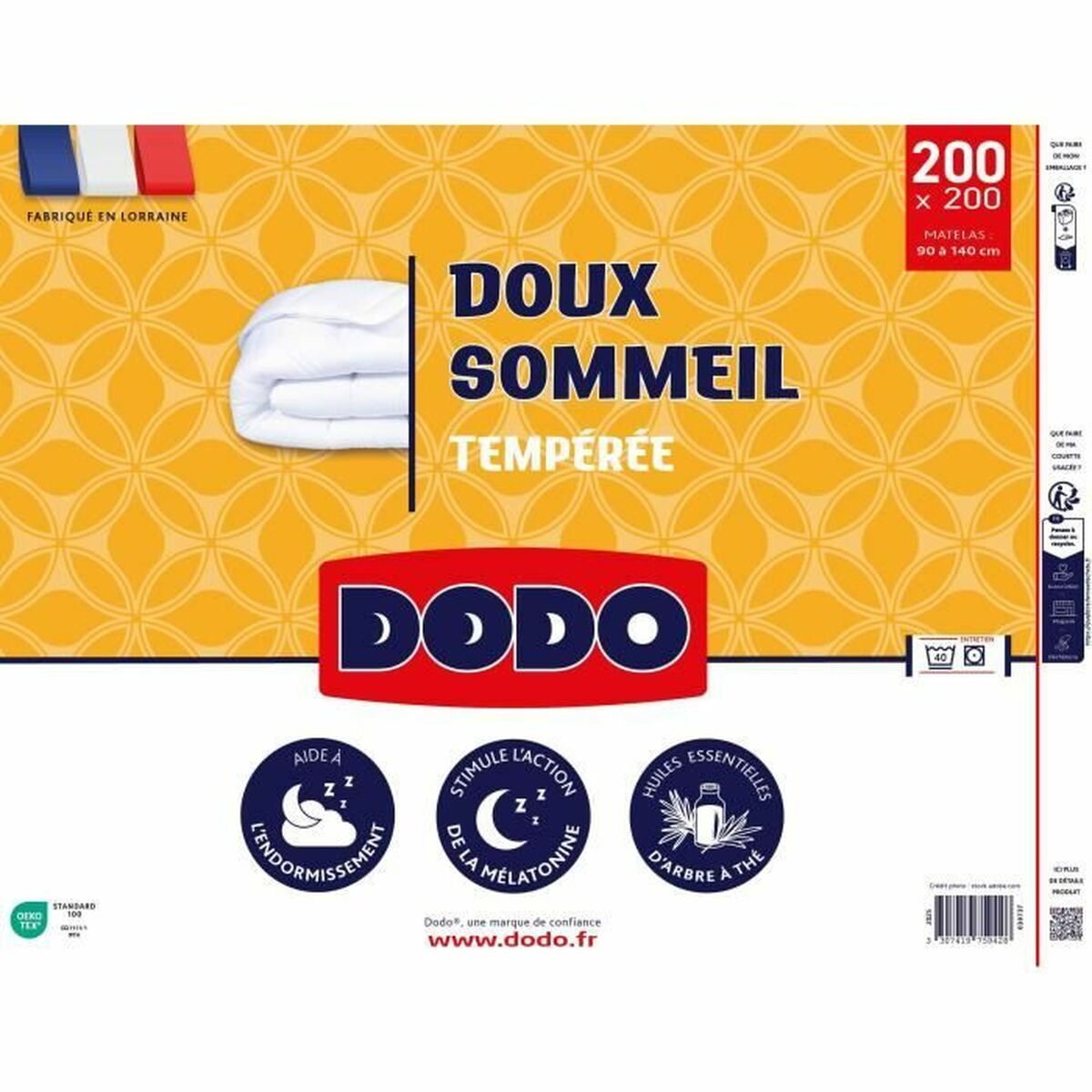Verpackung für eine DODO-Matratze. Weiße Bettdecke auf gelbem Hintergrund. Text enthält 'DOUX SOMMEIL' und '200x200'.