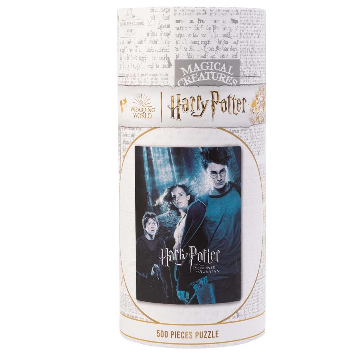 Una caja de rompecabezas cilíndrica con personajes de Harry Potter. La caja es blanca con texto e imágenes de la película "Prisionero de Azkaban".