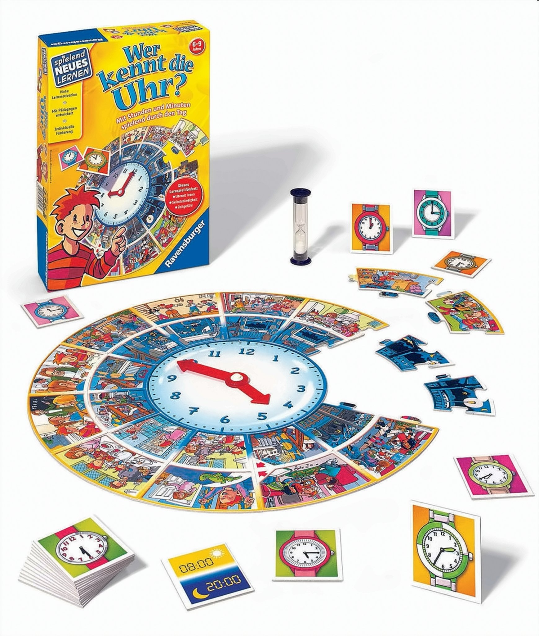 Ein Brettspiel zum Thema Uhr mit Karten, einem Zifferblatt und einem Timer. Die Box zeigt ein Kind und Uhrillustrationen.