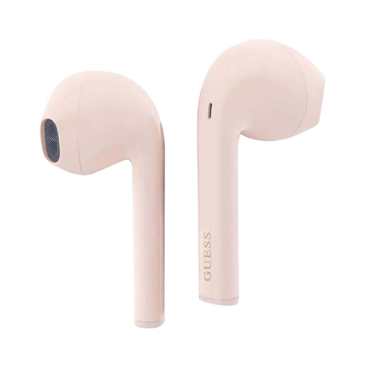Due auricolari wireless rosa chiaro. Uno mostra il marchio 'GUESS'. Entrambi hanno un design curvo e sono angolati.