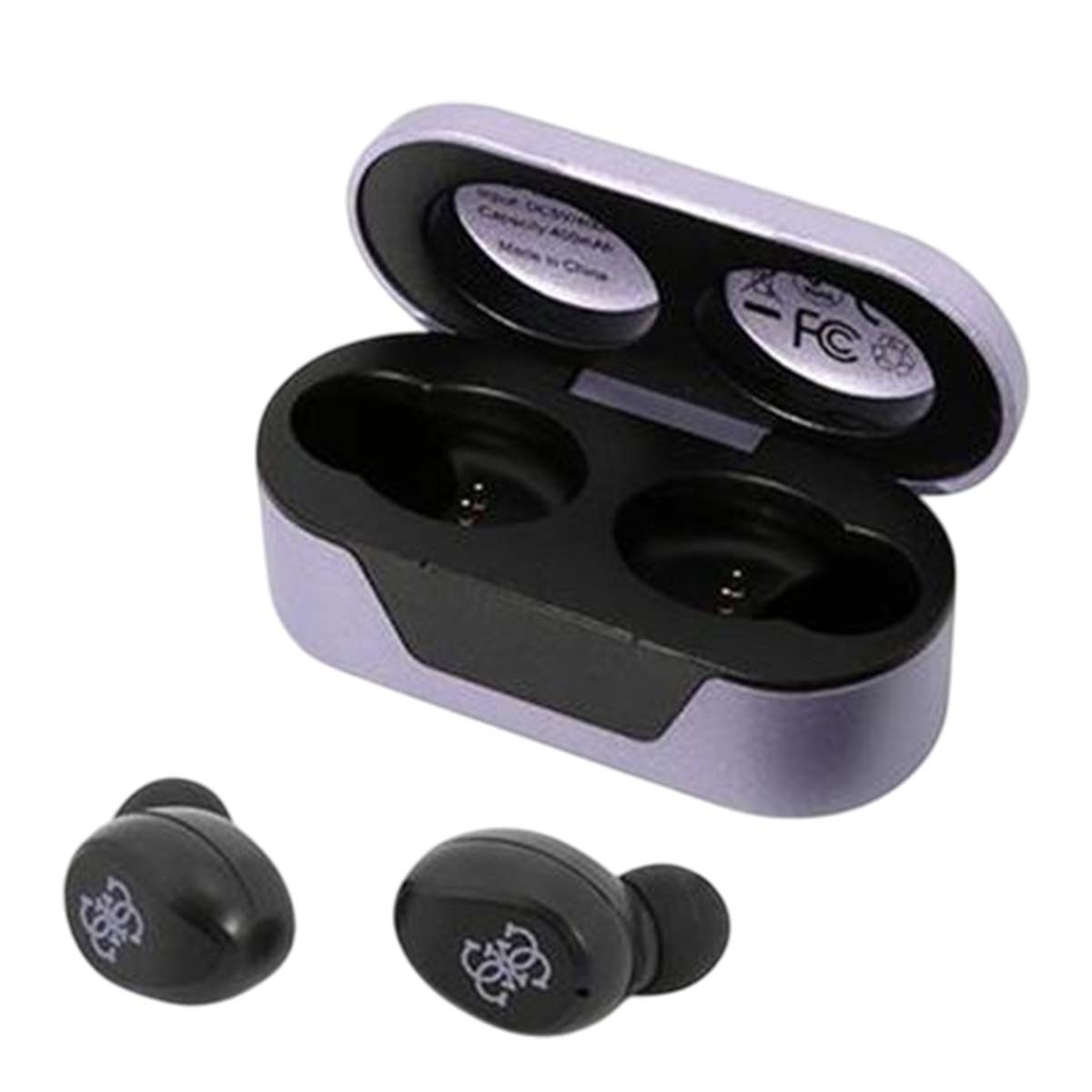 Auricolari wireless neri e custodia di ricarica. La custodia è aperta, rivelando due slot di ricarica. Gli auricolari hanno un simbolo.