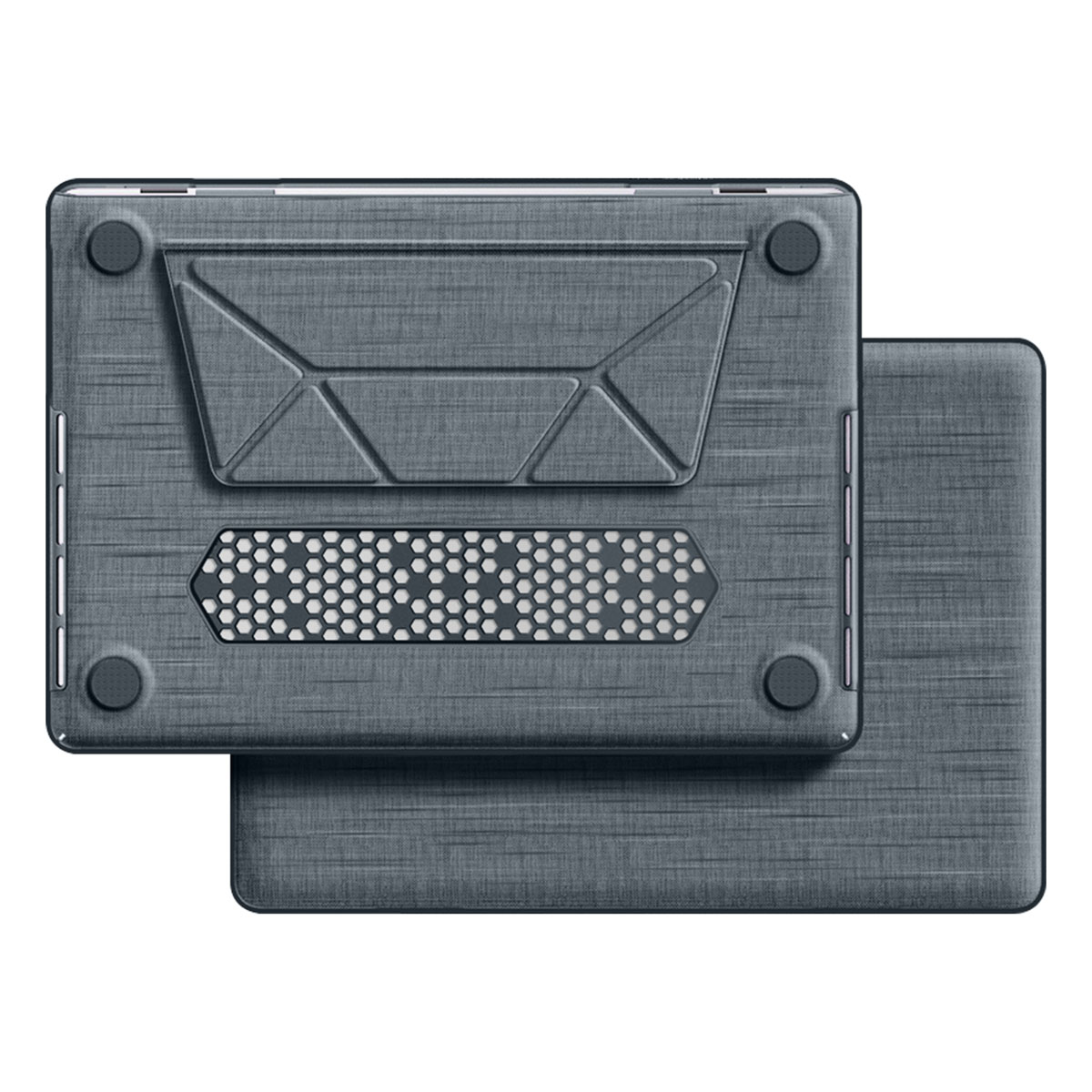 Due custodie grigie per laptop, una sopra l'altra. La custodia superiore ha un design geometrico e un'area di ventilazione.