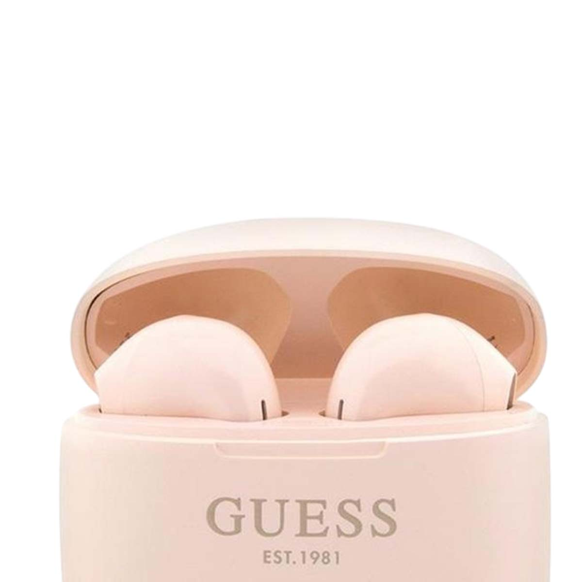 Auricolari Guess rosa in una custodia di ricarica. La custodia è aperta, rivelando gli auricolari all'interno. Il logo Guess è visibile.