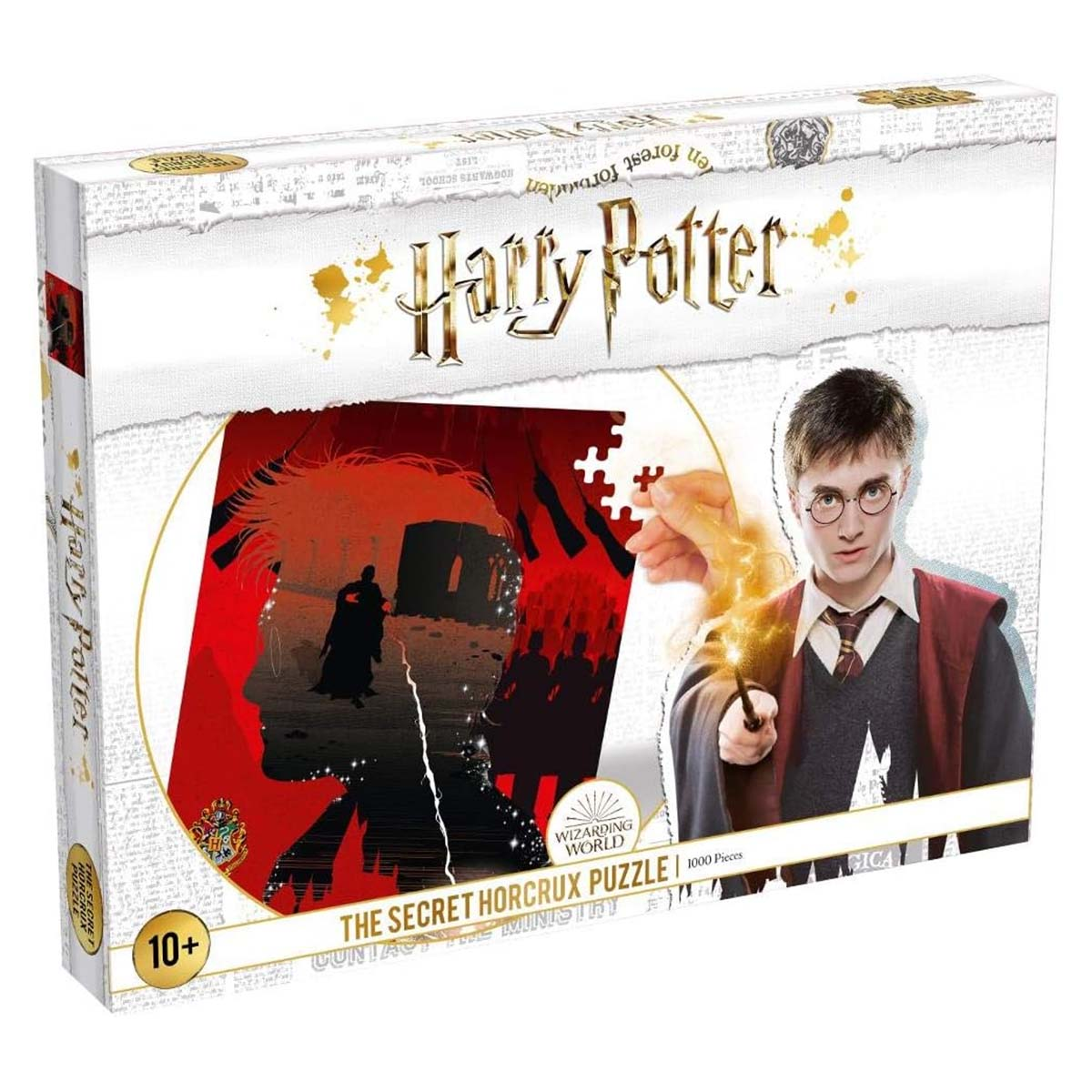 Pudełko z puzzlami Harry'ego Pottera. Przedstawia Harry'ego z różdżką, sylwetkę i elementy układanki.