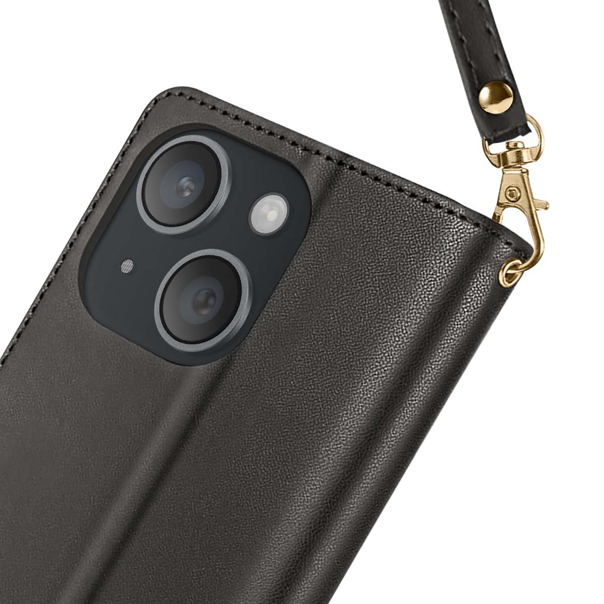 Custodia nera per telefono con lenti della fotocamera e cinturino. Chiusura dorata e dettaglio cinturino in pelle. Sfondo bianco.