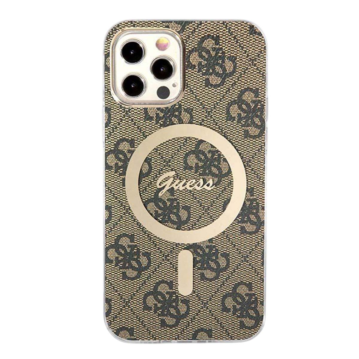 Una custodia per telefono con un design a fantasia e il logo Guess. La custodia ha un ritaglio per la fotocamera e un cerchio dorato.