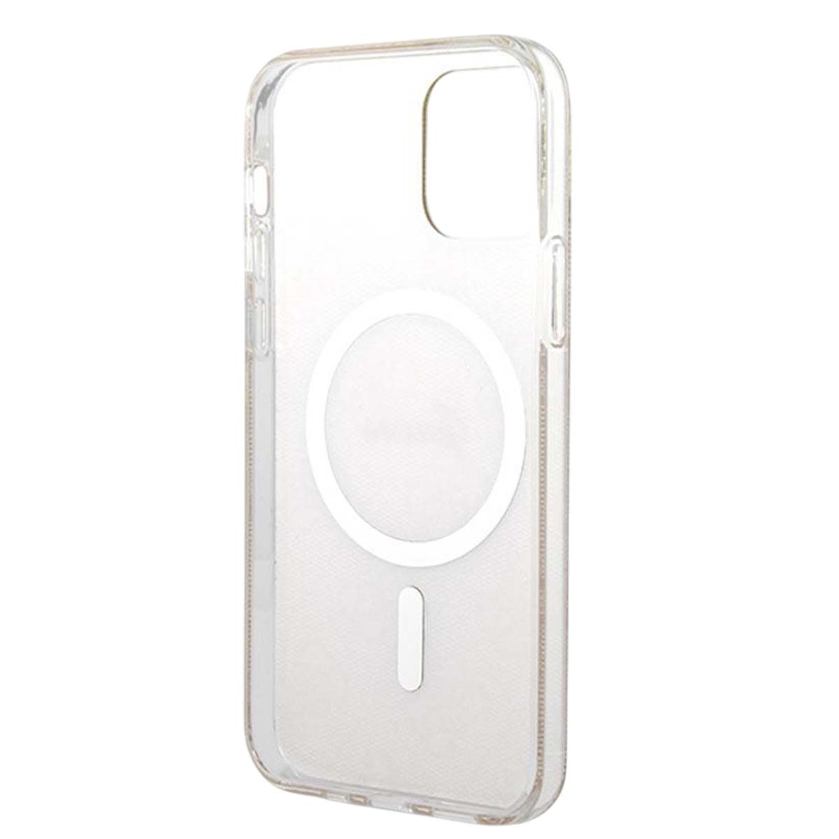 Una custodia trasparente per telefono con un design circolare al centro. La custodia è trasparente, mostrando il contorno del telefono.
