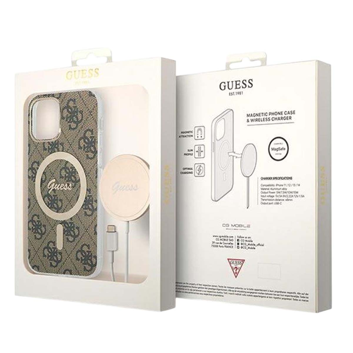 Un set di custodia per telefono Guess e caricatore wireless in una scatola bianca. La custodia è a fantasia e il caricatore è rotondo. La scatola ha il logo MagSafe.