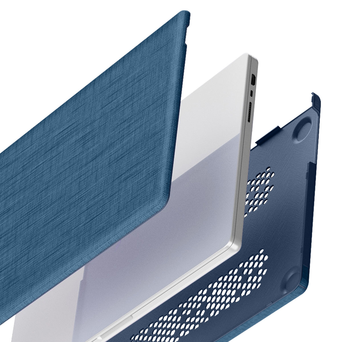 Un laptop all'interno di una custodia blu è mostrato in prospettiva. La custodia è in tre parti: superiore, inferiore e il laptop stesso.
