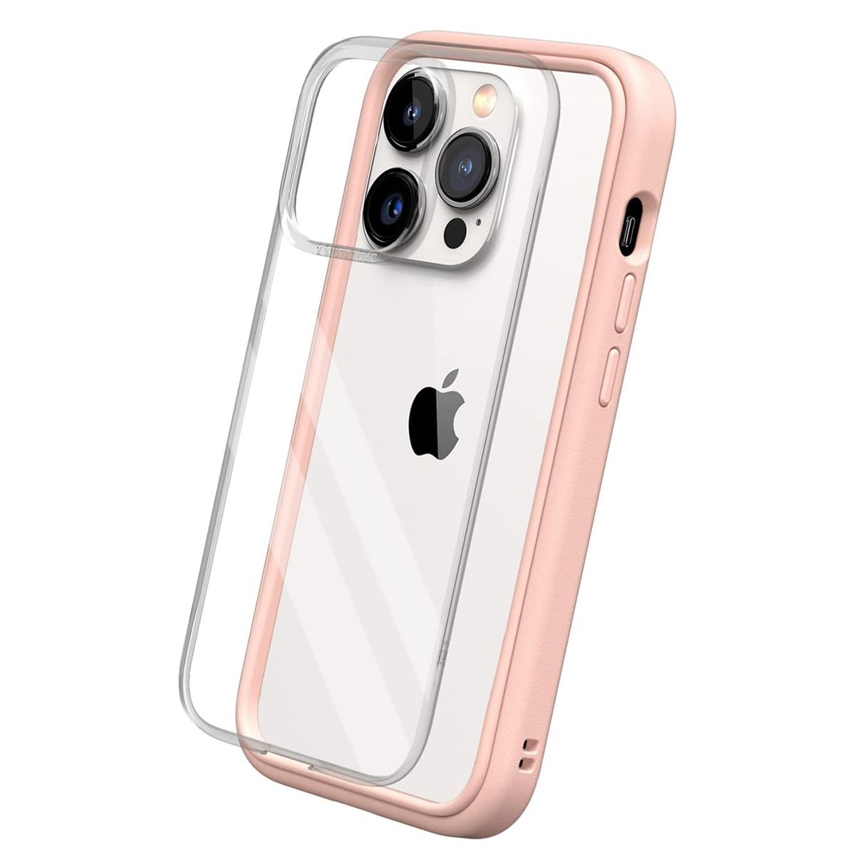 Una custodia per iPhone rosa chiaro con retro trasparente. L'iPhone ha un logo Apple nero e tre obiettivi. La custodia è su sfondo bianco.