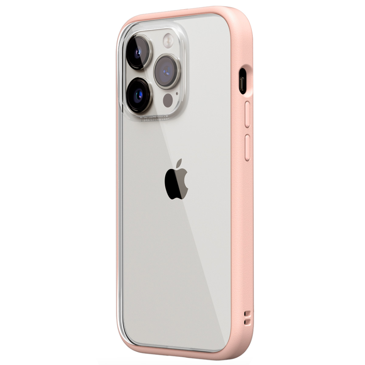 Uno smartphone in una custodia rosa. Il telefono ha un retro trasparente, che mostra il logo Apple. La custodia ha una cornice trasparente e lati rosa.