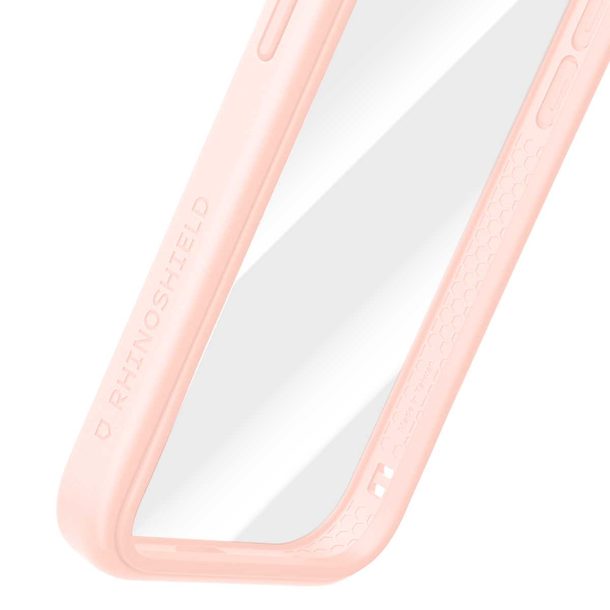 Una custodia rosa per telefono con la scritta 'RHINOSHIELD' visibile. La custodia ha il centro trasparente. Sfondo bianco.