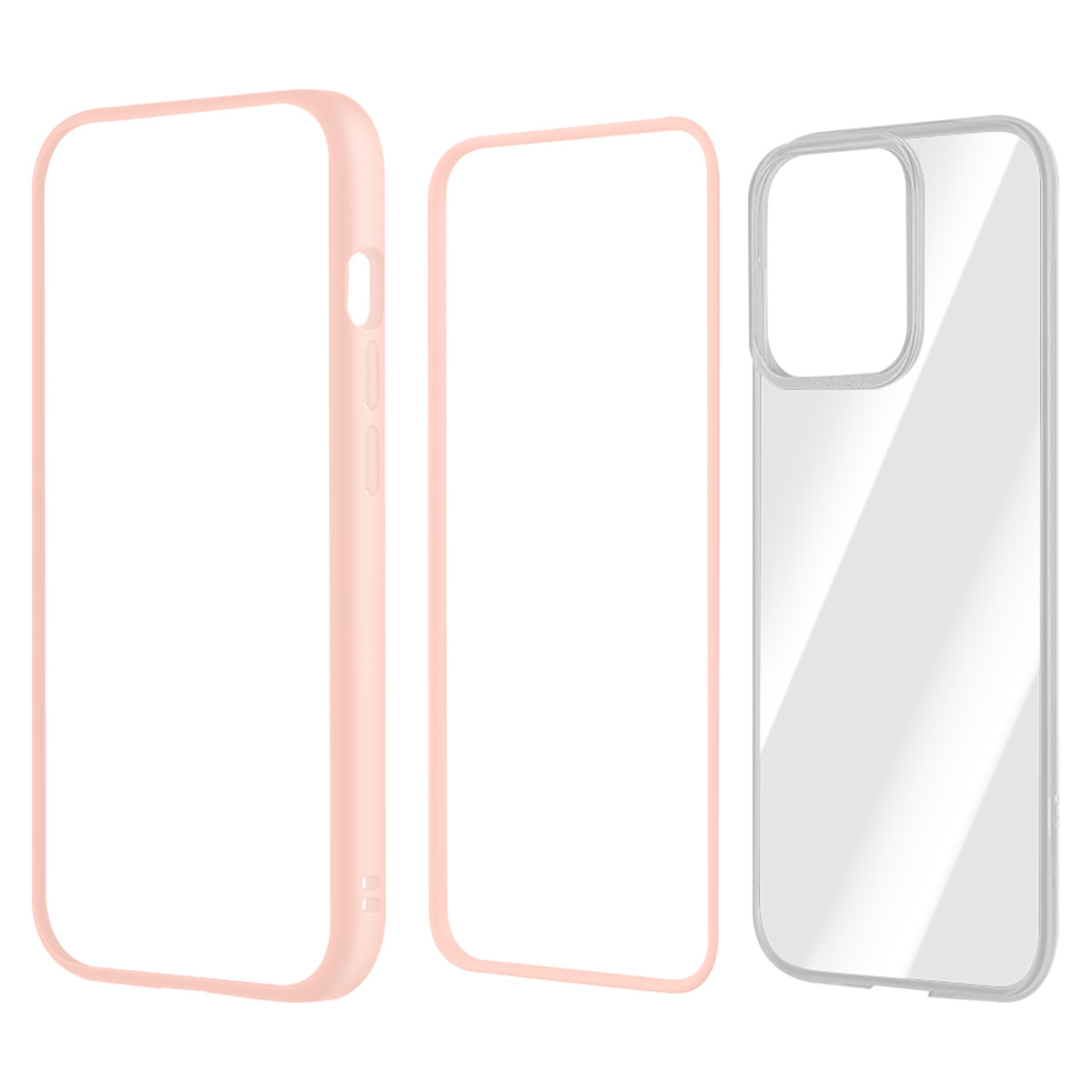 Tre custodie per telefono: rosa, contorno rosa e trasparente. Sono disposte verticalmente. La custodia rosa è a sinistra.