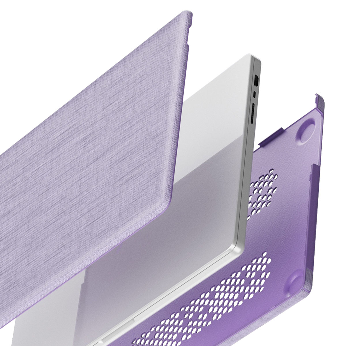Un laptop con custodia viola. La custodia è in tre parti, aperta per mostrare il laptop all'interno. Sfondo bianco.