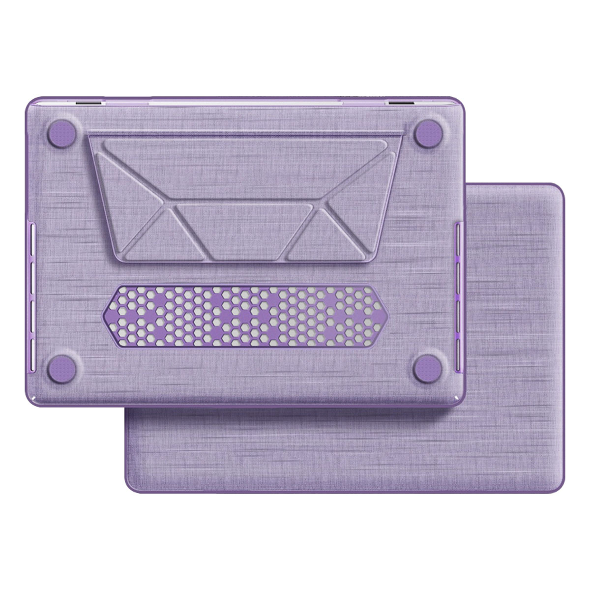 Una custodia per laptop color lavanda con finitura testurizzata. Ha un design geometrico e fori di ventilazione. Un secondo pezzo è sotto.