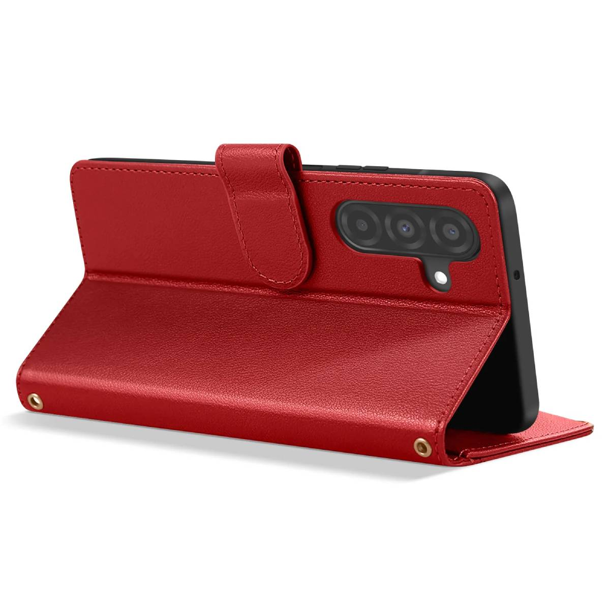 Una custodia per telefono in pelle rossa è aperta, mostrando un telefono. La custodia ha una chiusura magnetica e una tripla fotocamera.