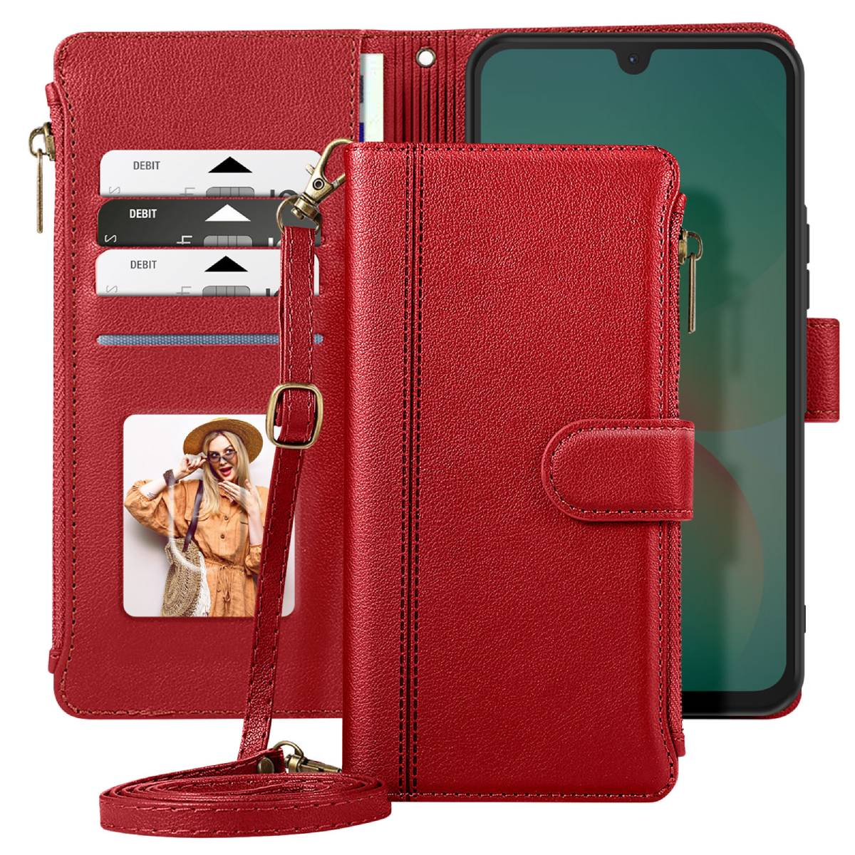 Portafoglio per telefono in pelle rossa con carte, foto e cinturino. Schermo del telefono visibile. Dettagli di cerniera e chiusura.