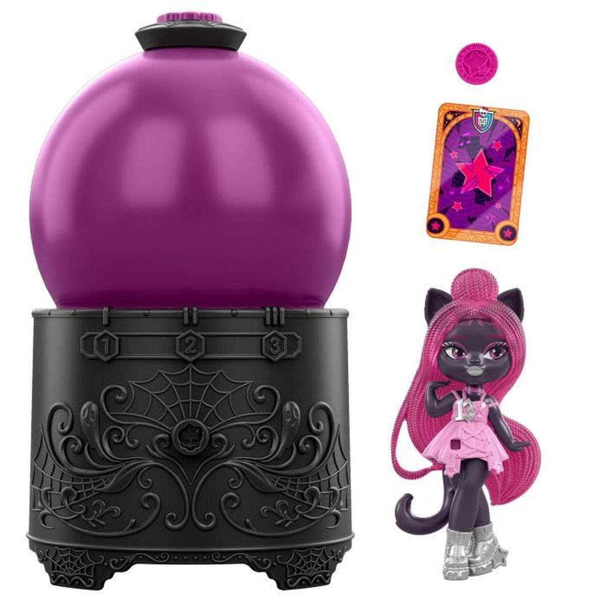 Ein lila Orb, schwarze Basis mit Spinnennetz-Design, eine Puppe mit rosa Haaren und Kleid, Karten und eine Münze werden angezeigt.
