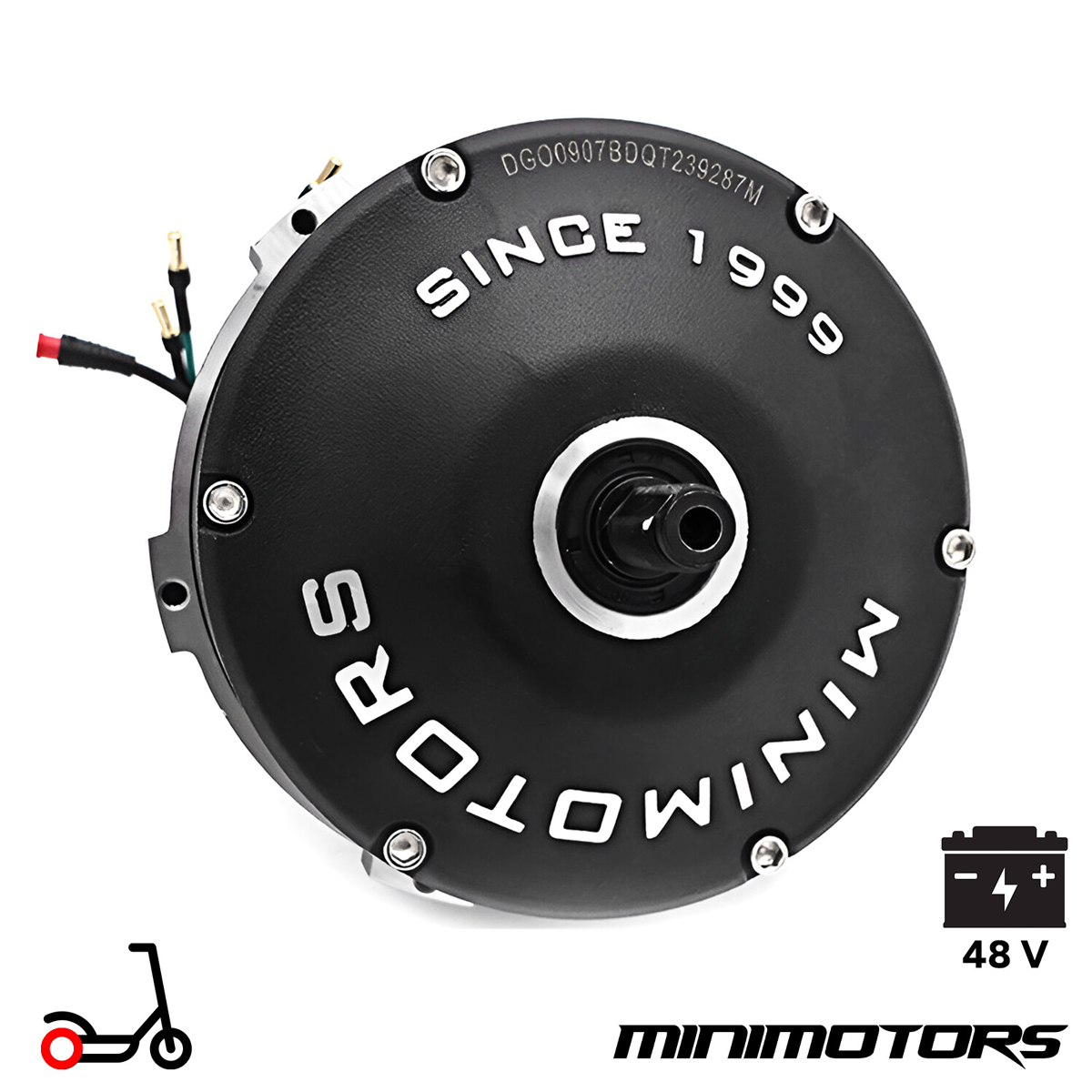 Schwarzer Minimoto-Motor mit weißem Text, Roller-Symbol und 48V-Batteriesymbol. Text lautet "SINCE 1999" und "MINIMOTORS".