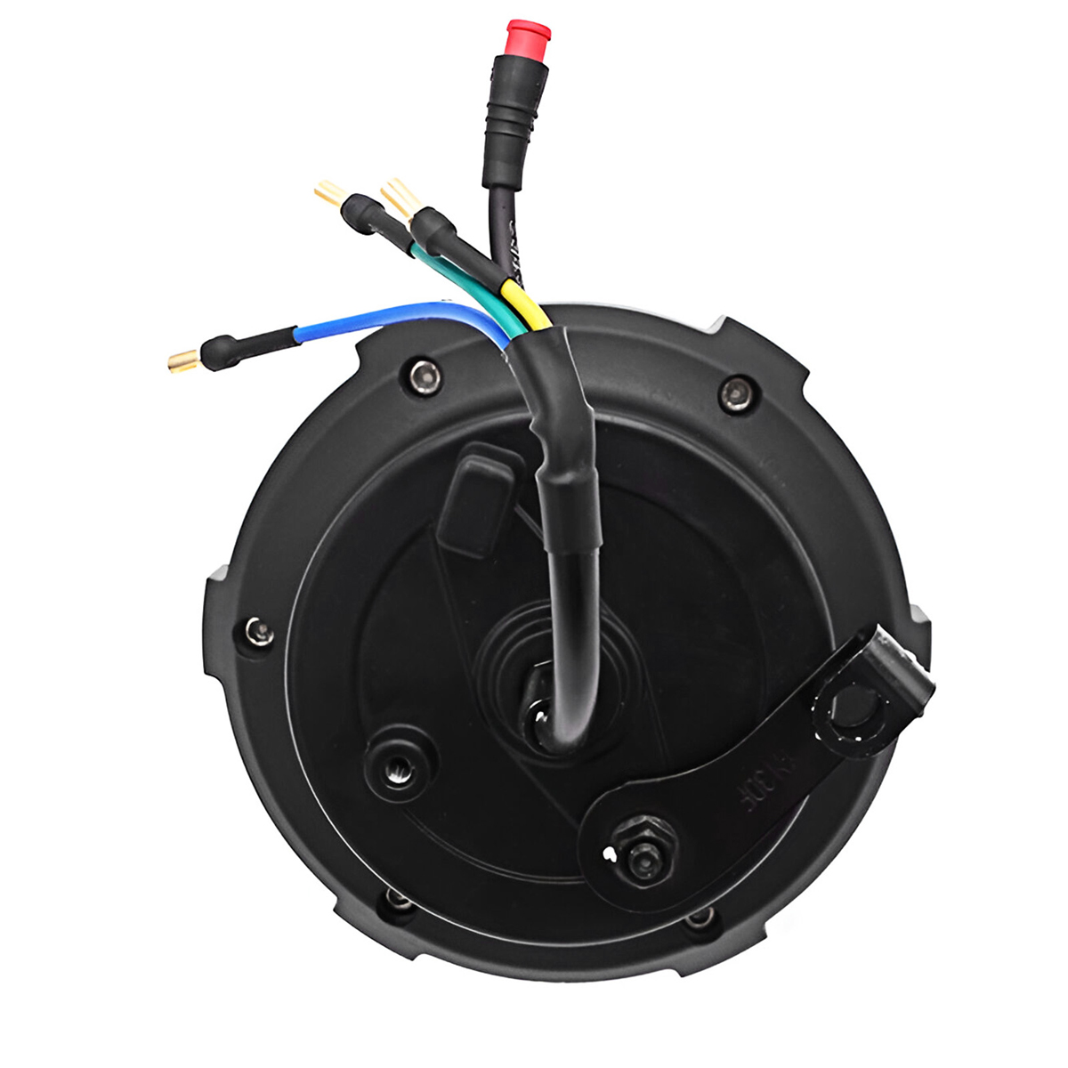 Schwarzer kreisförmiger Motor mit blauen, gelben und grünen Drähten. Ein roter Stecker ist befestigt. Der Hintergrund ist weiß.