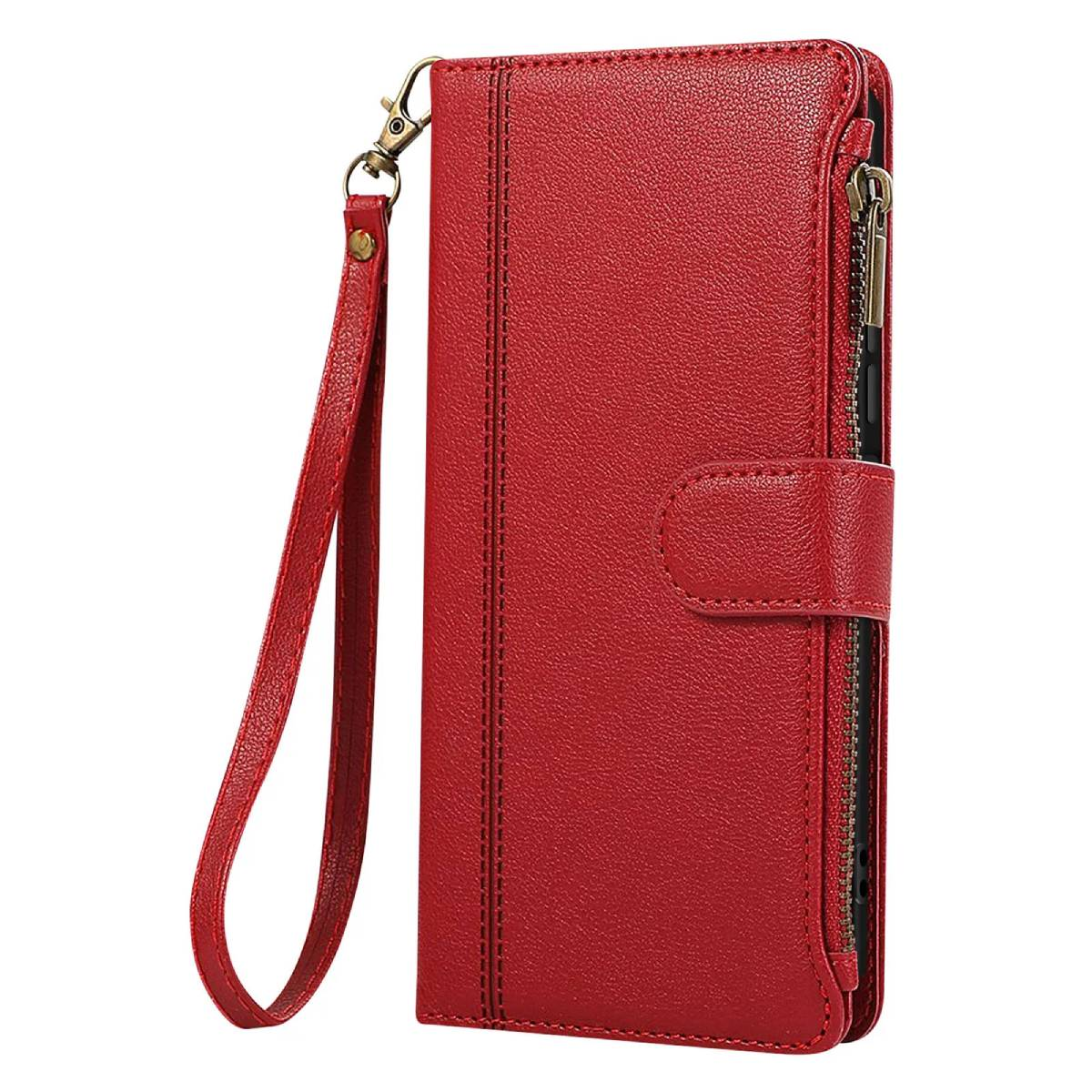 Un portafoglio per telefono in pelle rossa con chiusura a cerniera, cinturino da polso e chiusura a scatto. Sembra nuovo.