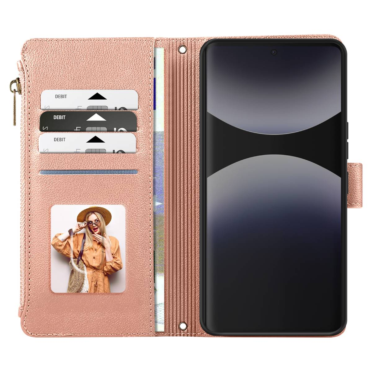 Portafoglio rosa per telefono aperto, con telefono, carte di debito e foto di donna con cappello e occhiali.