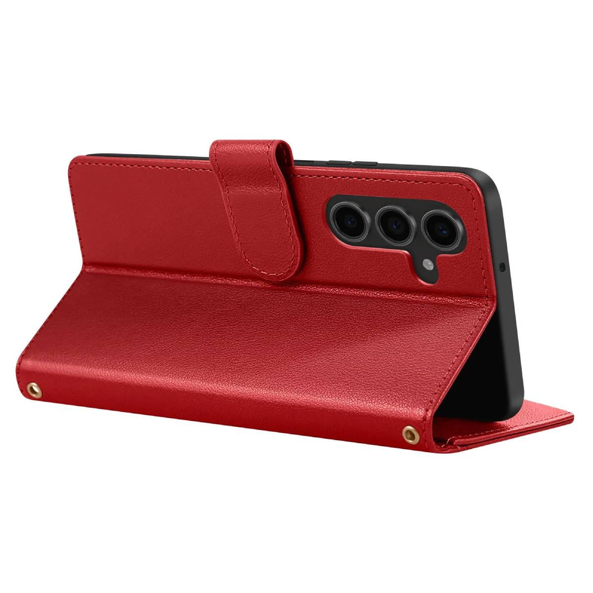 Una custodia per telefono in pelle rossa è aperta, rivelando un telefono con tre fotocamere. La custodia ha una chiusura magnetica e un supporto.
