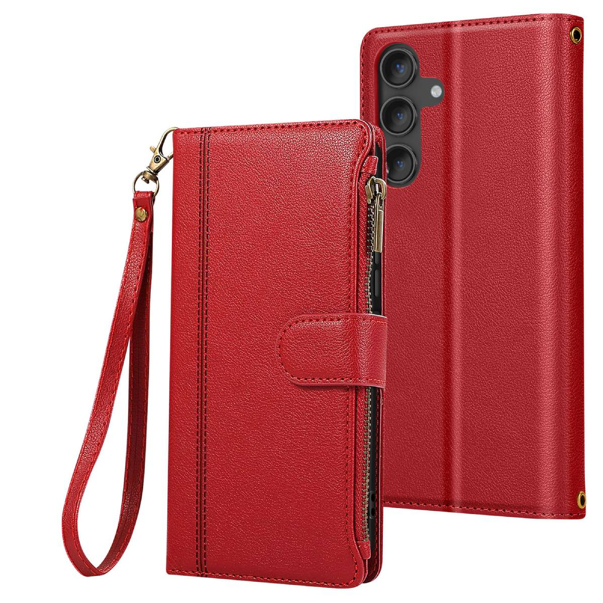 Custodia per telefono in pelle rossa con funzioni portafoglio. Scomparto con cerniera, cinturino da polso e chiusura con bottone. Un'altra parte della custodia è visibile.