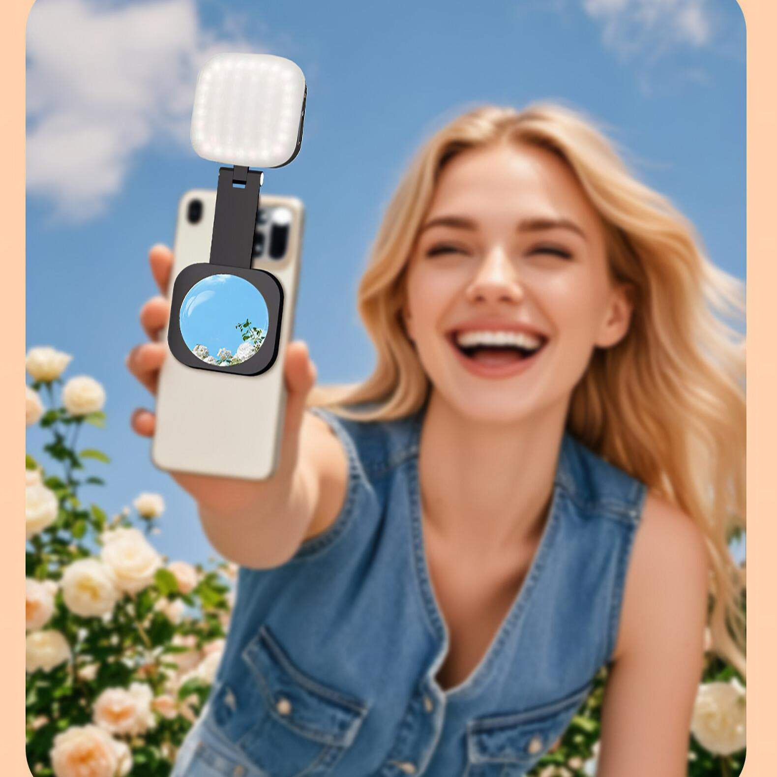 Blonde Frau hält ein Telefon mit Selfie-Licht. Lächelnd posiert sie vor Rosen und blauem Himmel.