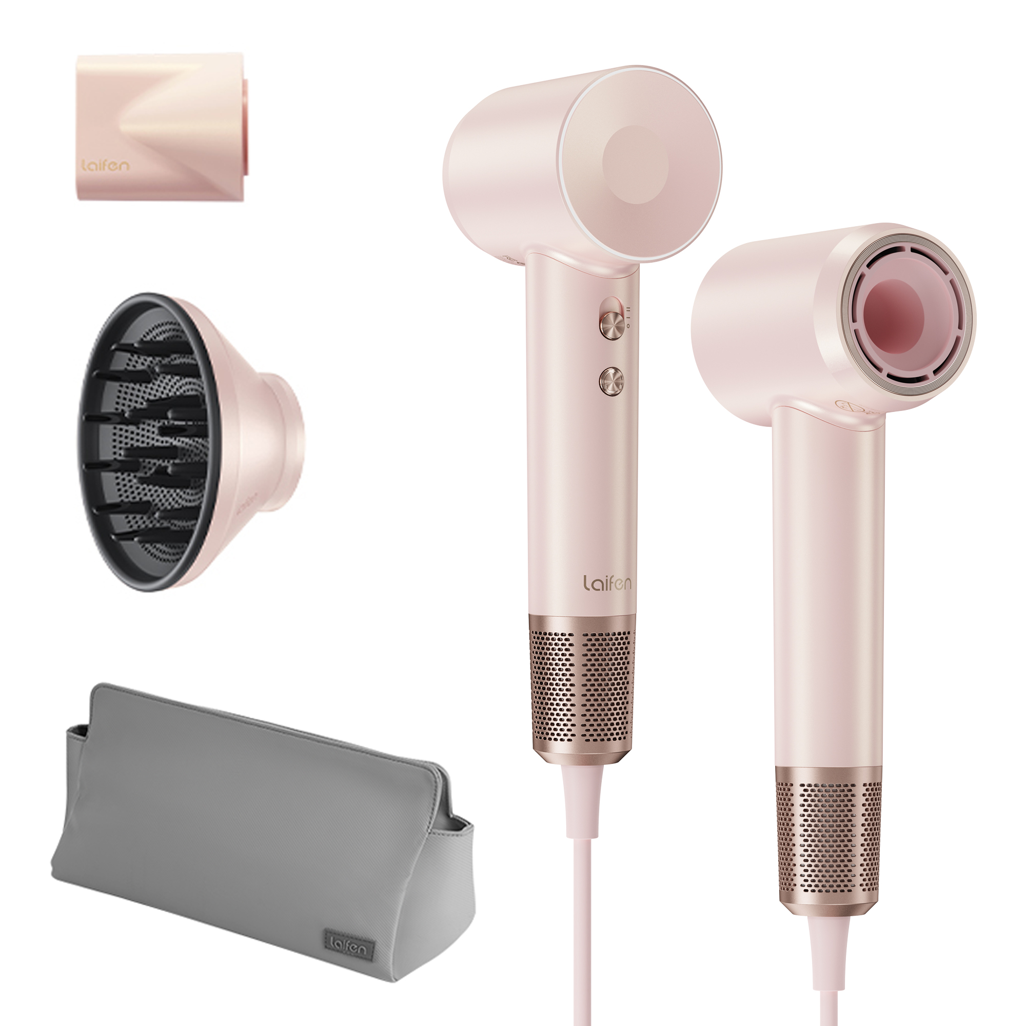 Set asciugacapelli Laifen rosa con accessori. Include asciugacapelli, diffusore, ugello e borsa portaoggetti su sfondo bianco.