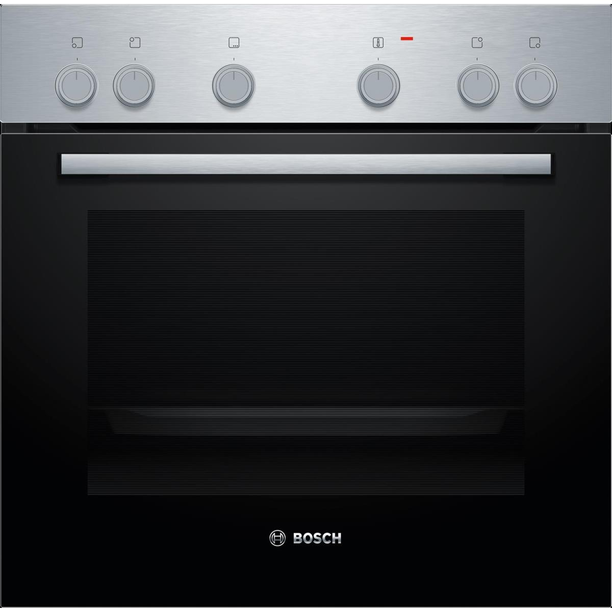 Ein Edelstahlbackofen mit schwarzer Glastür. Er hat Bedienknöpfe oben und das Bosch-Logo unten.