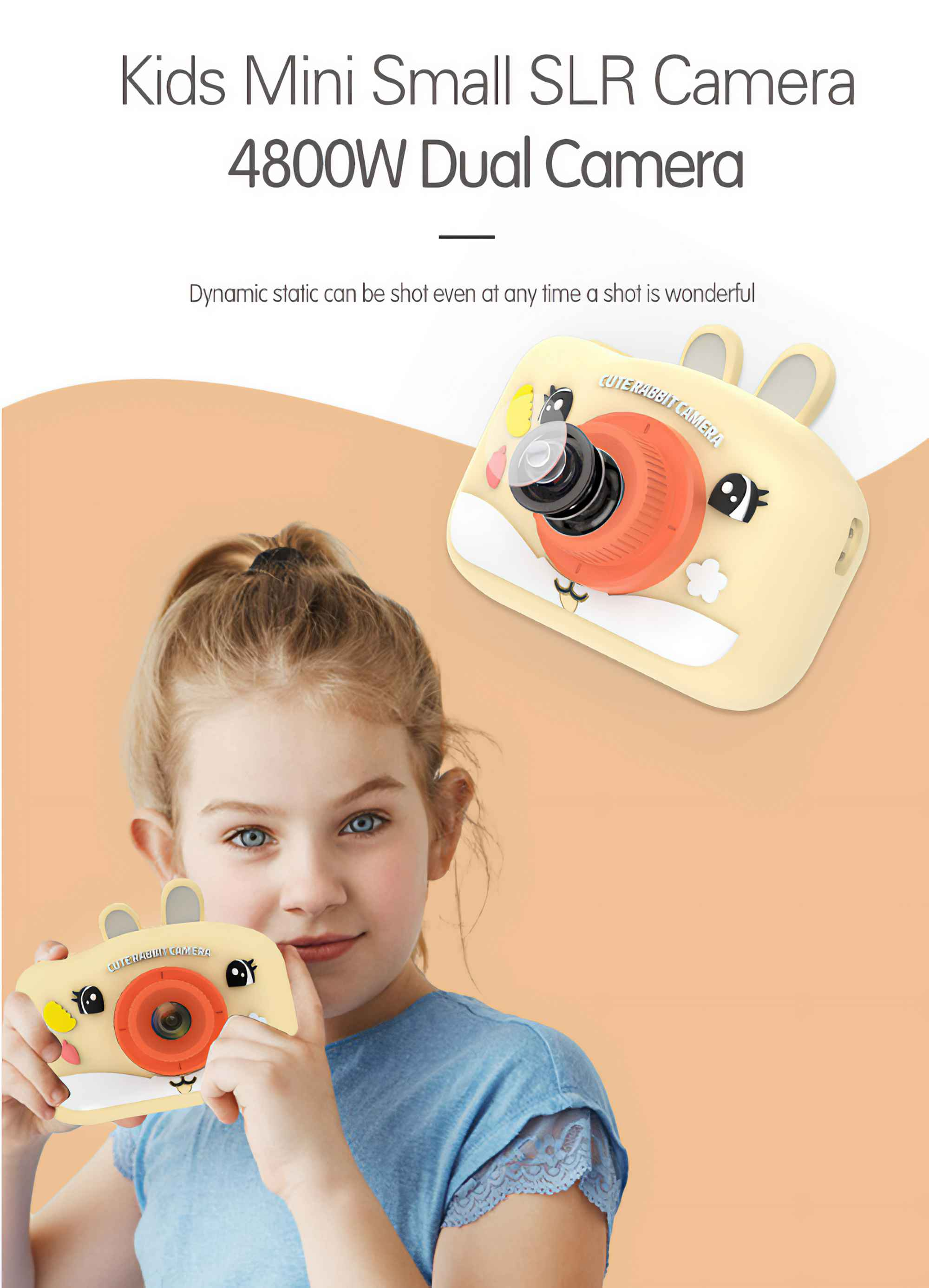 Ein Mädchen hält eine gelbe Kamera in Hasenform. Im Hintergrund befindet sich eine zweite Kamera. Text: 'Kids Mini Small SLR Camera'.