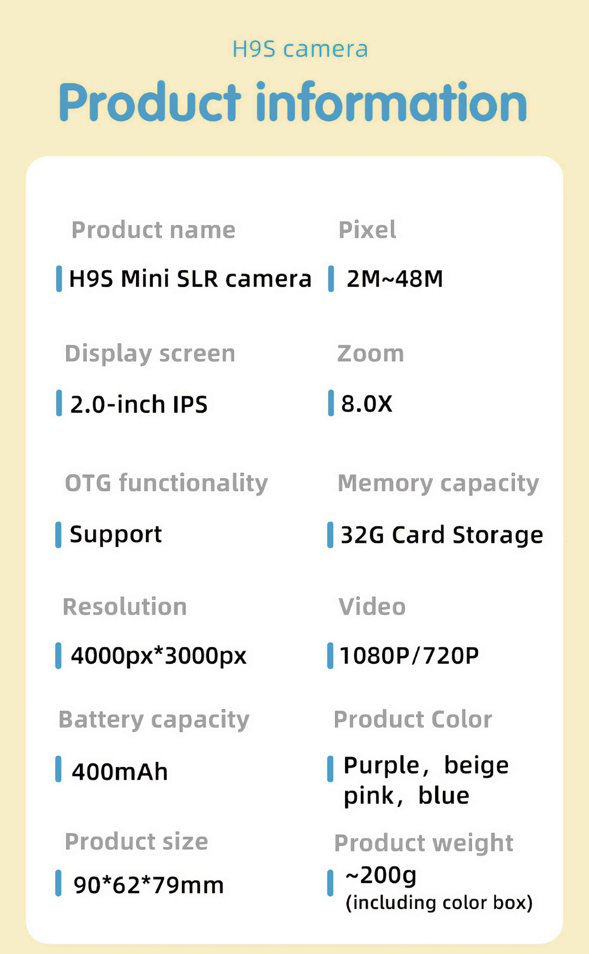 Produktinformationen zur H9S Mini SLR Kamera. Enthält Spezifikationen wie Pixel, Bildschirmgröße und Farboptionen.