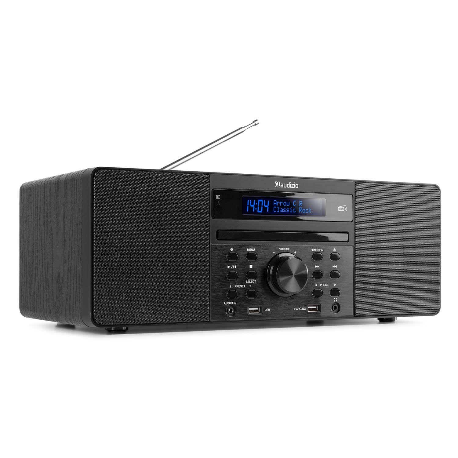 Schwarzes Audizio-Radio mit Bildschirm, der Zeit und Sender anzeigt. Antenne ist oben. Tasten für Menü, Lautstärke und Voreinstellungen.