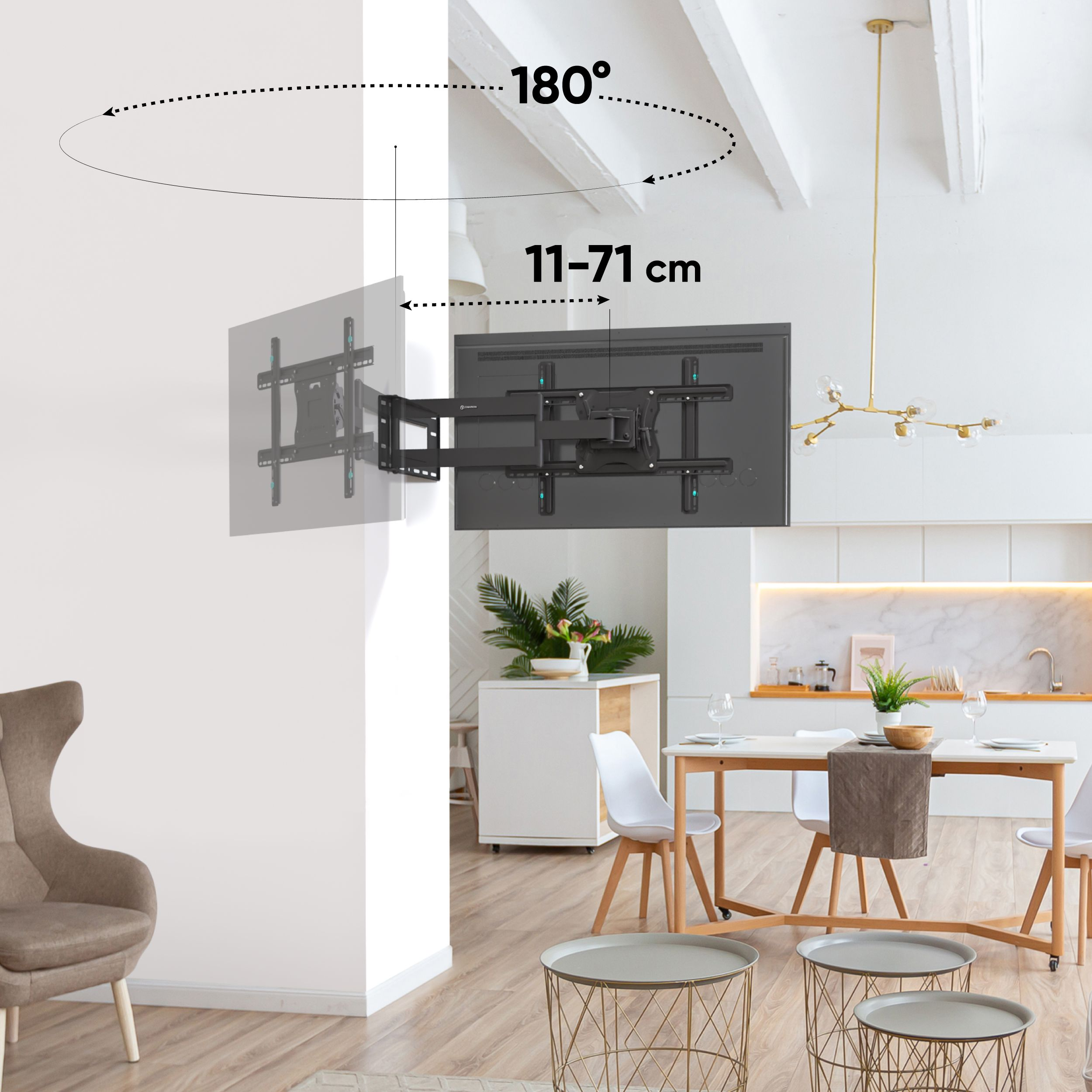 Uchwyt TV na ścianie, wyświetlający telewizor. W tle jadalnia ze stołem, krzesłami i dekoracjami.