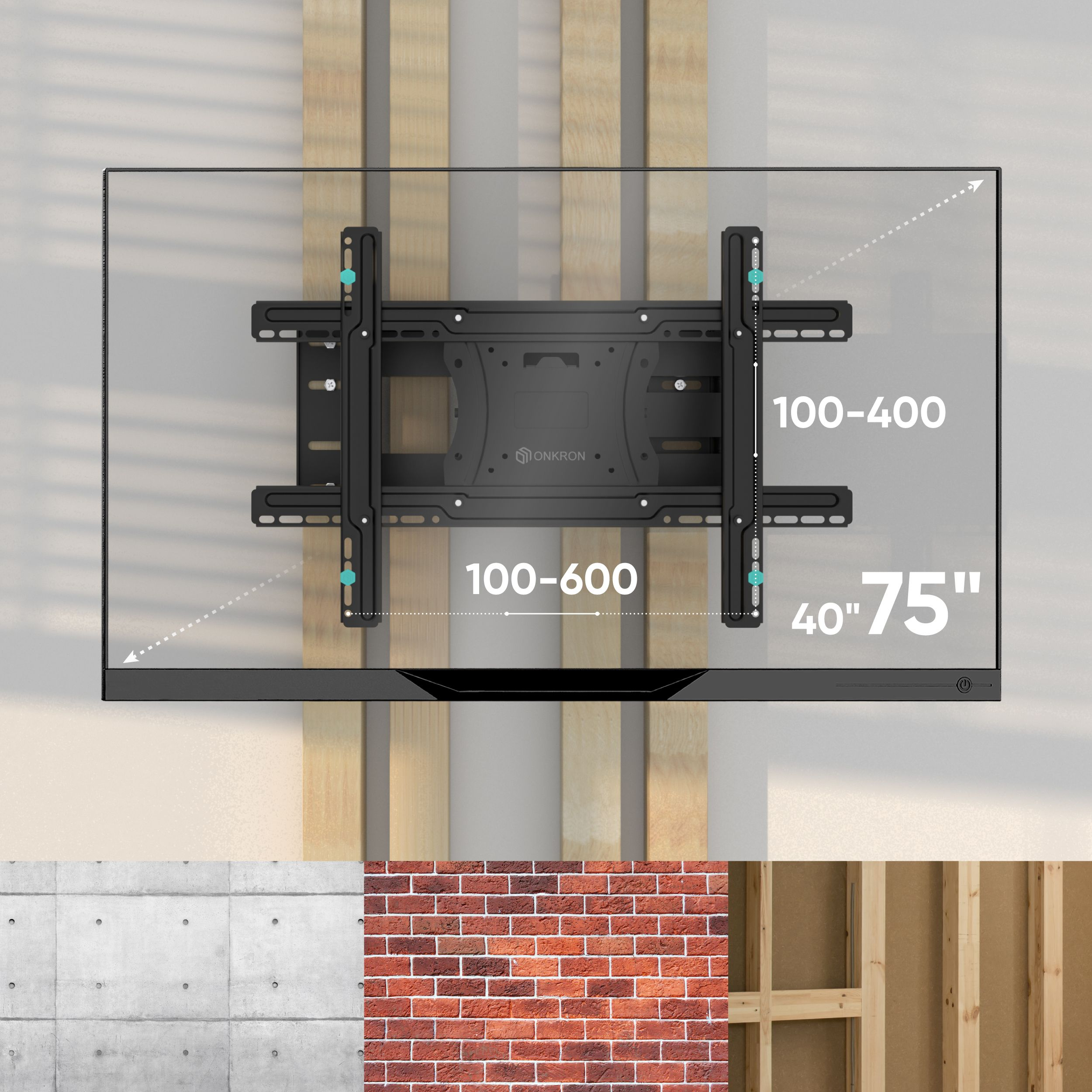 Czarny uchwyt do telewizora o wymiarach dla ekranów 40"-75" jest zamontowany na drewnianej ramie, z próbkami betonu i cegieł poniżej.